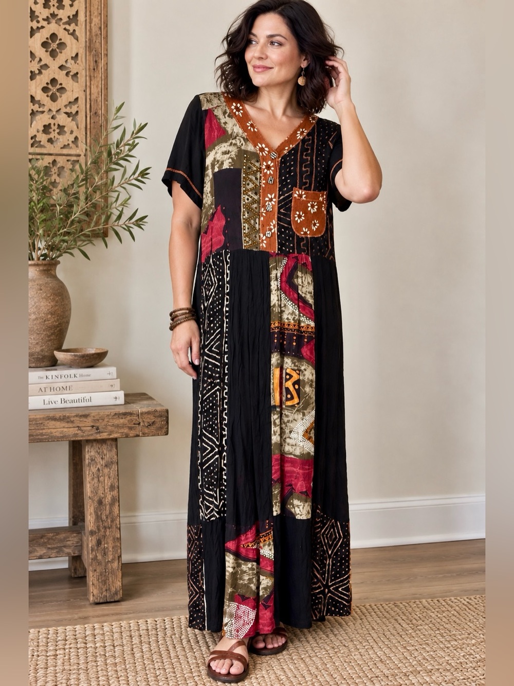 Vintage Boho Patchwork Maxi Dress Black Rust Global Folk Art Rayon M